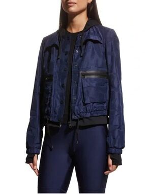 blanc noir Navy Camo Hooded Active Blue Bomber Jacket with Zip & Patch Pockets